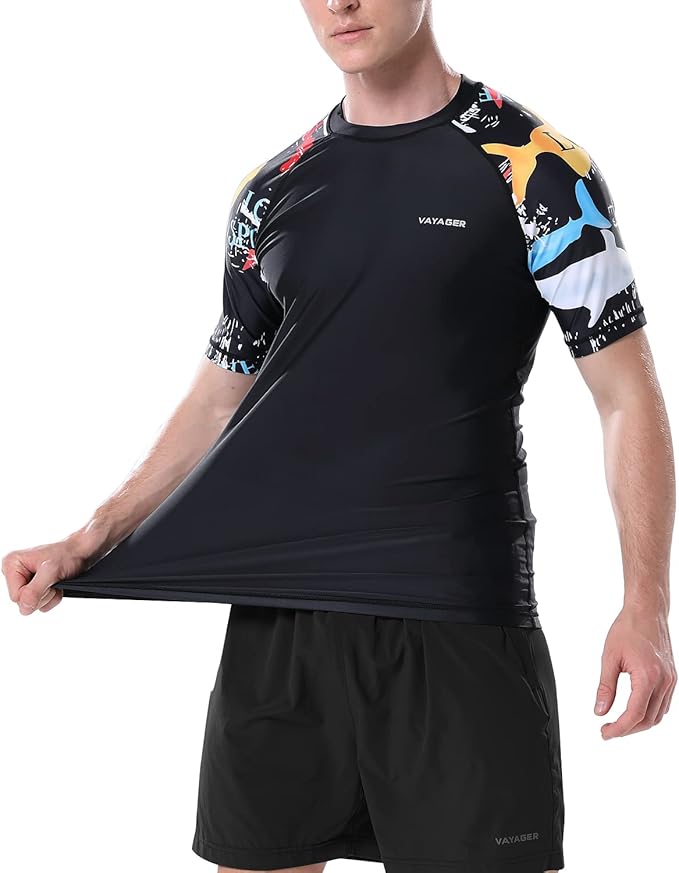 VAYAGER SPORTS Men's Swim Shirts Rash Guard UPF 50+ Short Sleeve